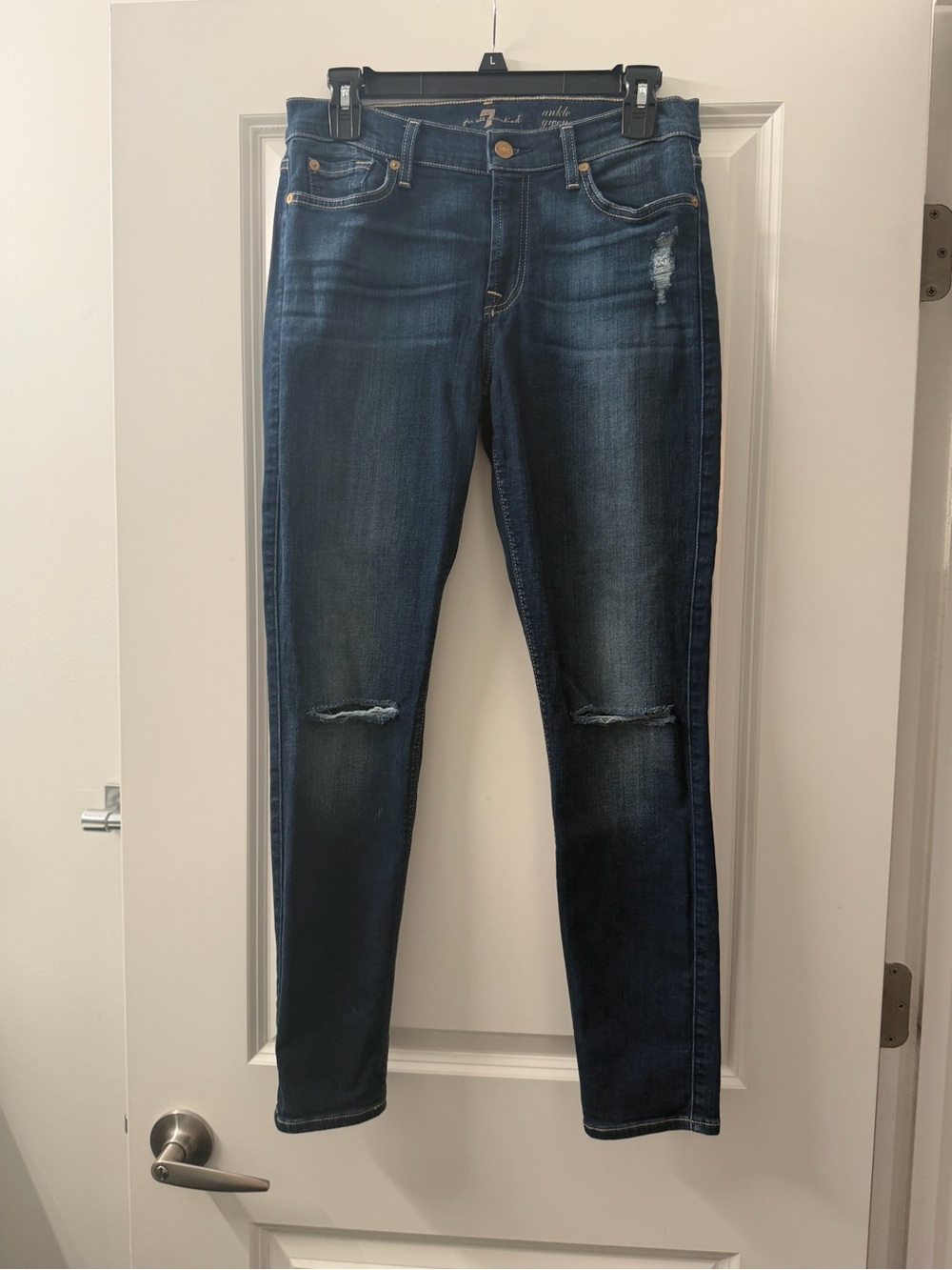 7 For All Mankind Dark Blue Distressed Skinny Jeans